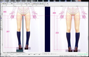 脚の長さを細く調整した写真をＣＡＤにテンプレートで読み込んで、球体関節人形のコウサカ・チナ設計図の検討をします。