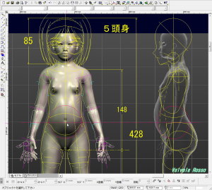 球体関節人形デッサン～ MakeHuman 1.1.1 で制作した14歳日本人モデルをＣＡＤに下絵として読み込んで、腹部球体がうまく配置できるか検討します。　【ボディ部分・拡大】